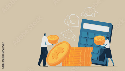 Man and woman saving money. There's a calculator, a pile of coins, a car, a house, and a graduation cap.