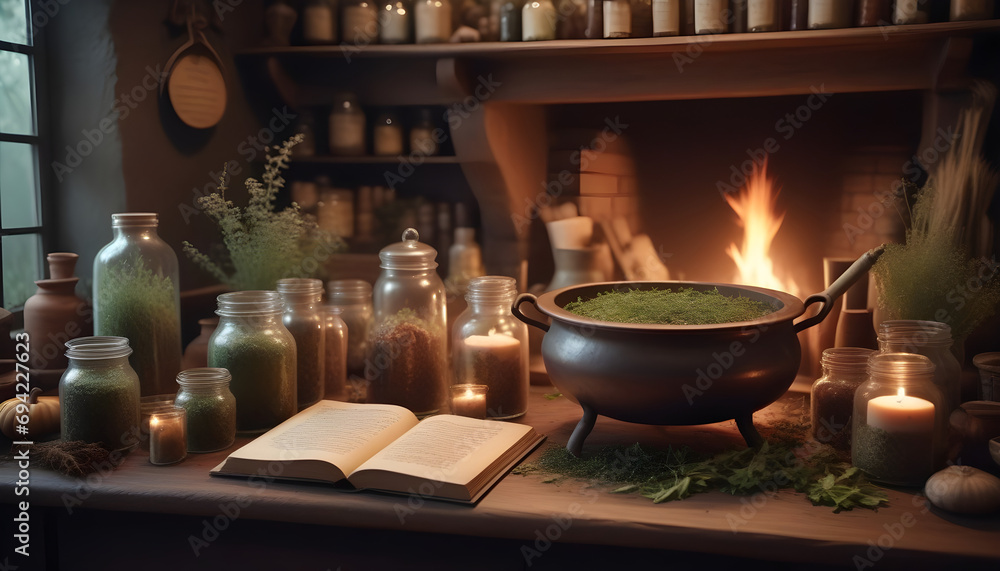 A special place for a witch with stove like a cauldron. Jars with magic stuff and a book that turns pages on its own ai generation