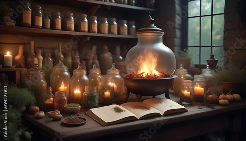 A special place for a witch with stove like a cauldron. Jars with magic stuff and a book that turns pages on its own ai generation