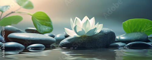 Beautiful lotus flower and stack of stones on water surface