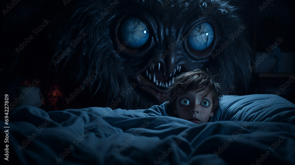 Frightened little boy lies awake in bed due nightmarish dream, terrifying monster lurks in dimly lit room embodying childhood fears and fear of darkness, dreadful horrifying monster in boys room Frightened little boy lies awake in bed due nightmarish dream, terrifying monster lurks in dimly lit room embodying childhood fears and fear of darkness, dreadful horrifying monster in boys room