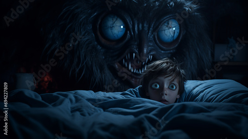 Frightened little boy lies awake in bed due nightmarish dream, terrifying monster lurks in dimly lit room embodying childhood fears and fear of darkness, dreadful horrifying monster in boys room