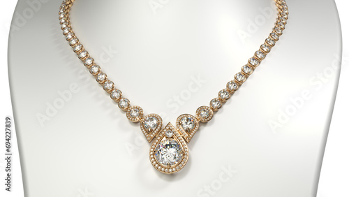 Gold diamond teardrop necklace on a jewelry bust. 3d illustration