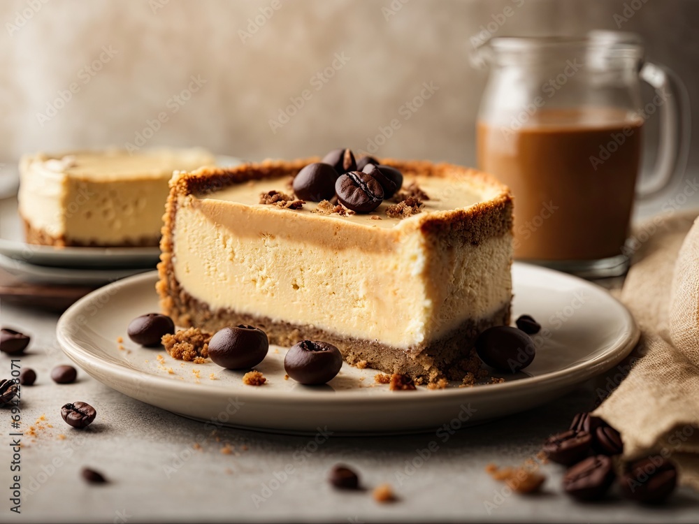 Slice of baked coffee cheesecake, Baked coffee cheesecake slice, Coffee cheesecake slice, piece of cake with cream, chocolate cake with a side of coffee Slice of baked coffee cheesecake, Baked coffee cheesecake slice, Coffee cheesecake slice, piece of cake with cream, chocolate cake with a side of coffee