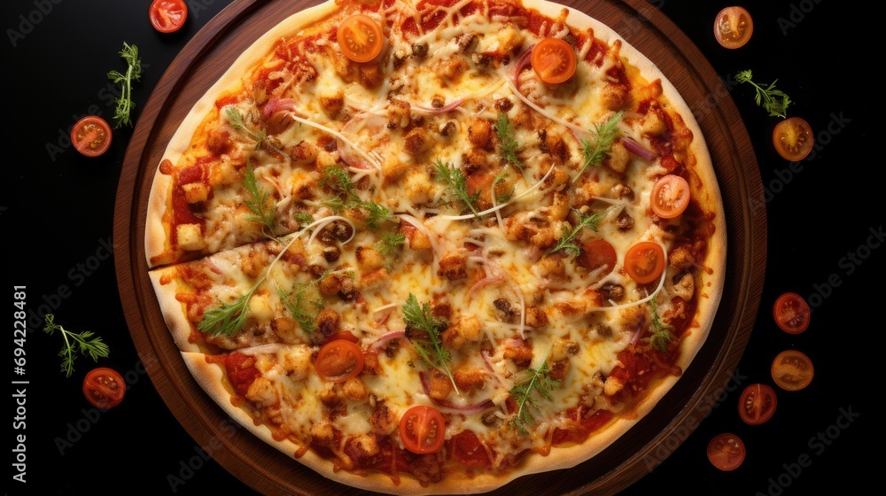 Delicious round pizza with champignons, tomatoes, mozzarella, peppers and olives on a dark background.