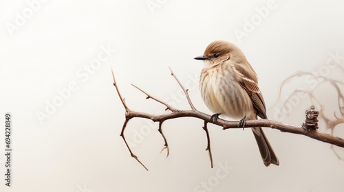 a brown bird perched on a branch against a clean white background, its quiet contemplation frozen in high-definition clarity.