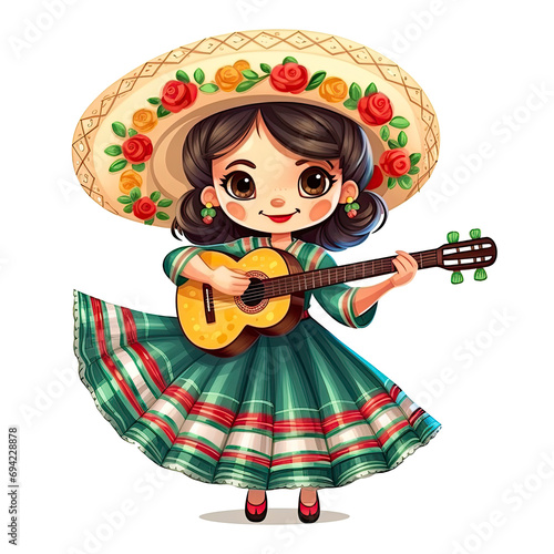 Cute girl in mexican folk outfit and Mariachi Dancer for celebrating Cinco de Mayo festival isolated on transparent background.