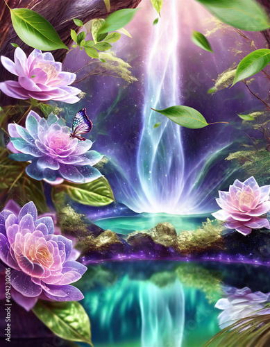 Beautiful  fantasy, landscape, waterfall, lake, trees, leafs, lilis, pink flowers, purple flowers and leafs photo