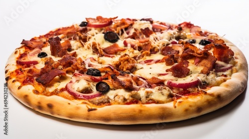 a gourmet pizza, its cheesy perfection and toppings displayed against a white background, celebrating the beloved comfort food.