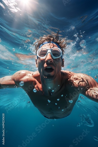 underwater photography of an man swimming at the pool