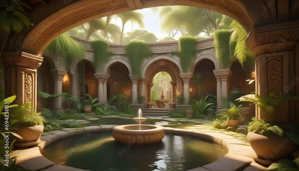 A hidden jungle place with stone furniture, vines, secret garden, golden water fountain ai generation