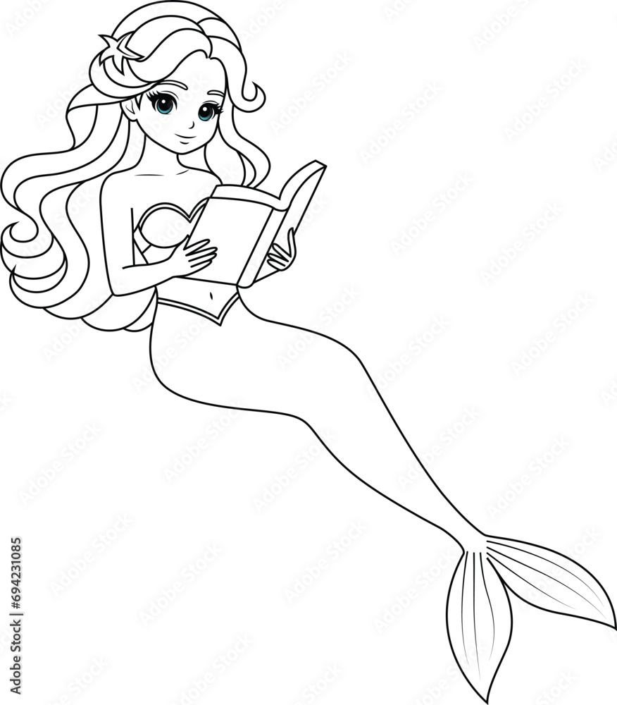 Naklejka premium Hand-drawn illustration of kawaii mermaid princess reading book coloring page for kids and adults. Mermaid colouring book