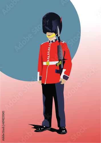 3d Vector hand drawn image of beefeater isolated on white. London guard photo