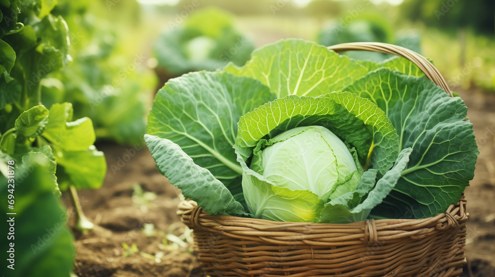 Cabbage growing in the garden. - obrazy, fototapety, plakaty 