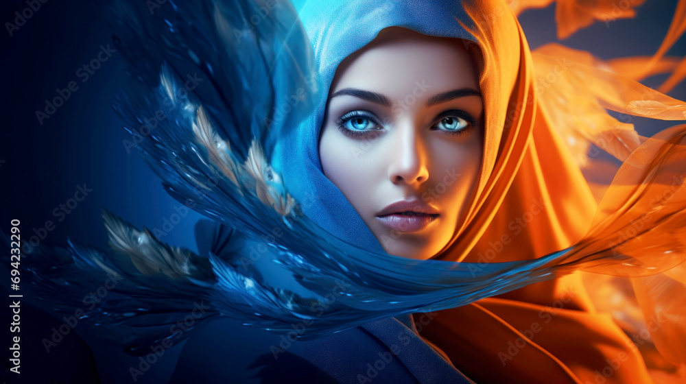 Double exposure of fashion Arabian woman in traditional orange Muslim clothing with blue eyes. Beautiful female portrait Double exposure of fashion Arabian woman in traditional orange Muslim clothing with blue eyes. Beautiful female portrait
