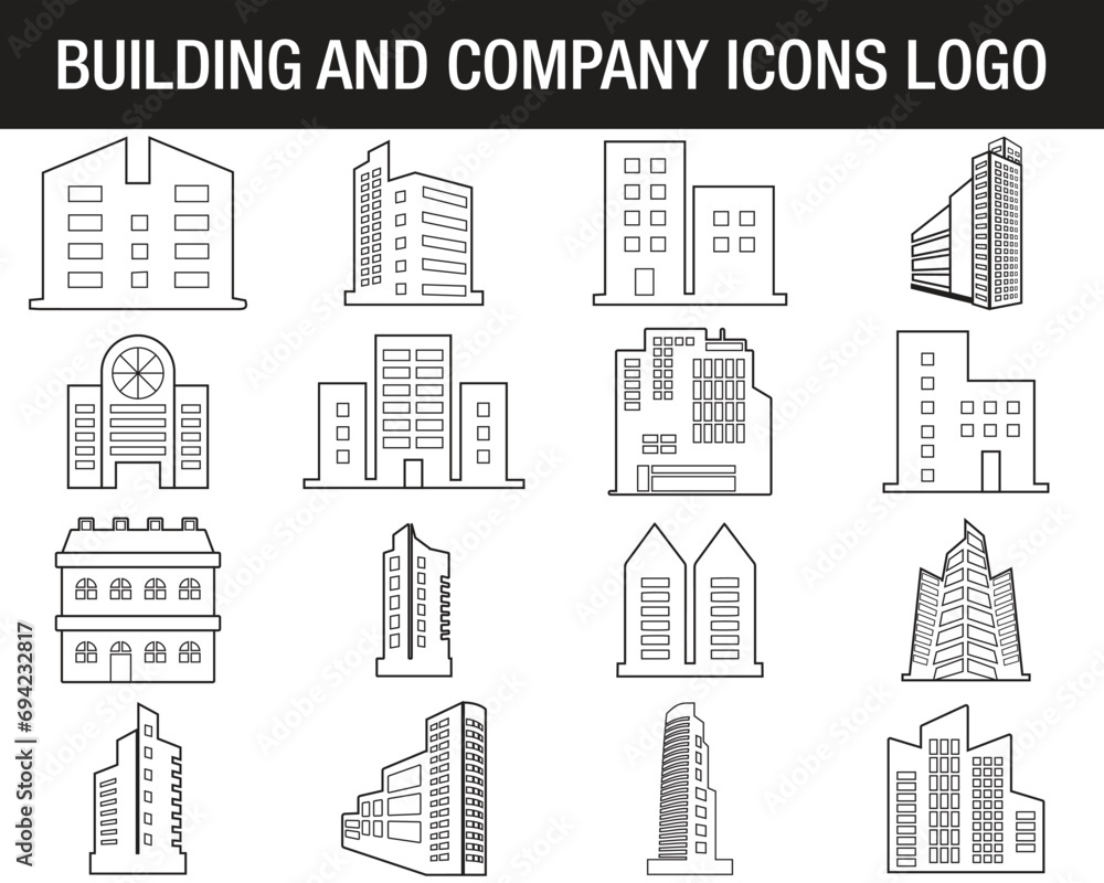 Buildings line icons.Building icon set.Bank,Hotel,Courthouse.City,Real estate,Architecture buildings icons.Hospital,town house,museum.Urban architecture,downtown.Line signs set.Vector illustration.