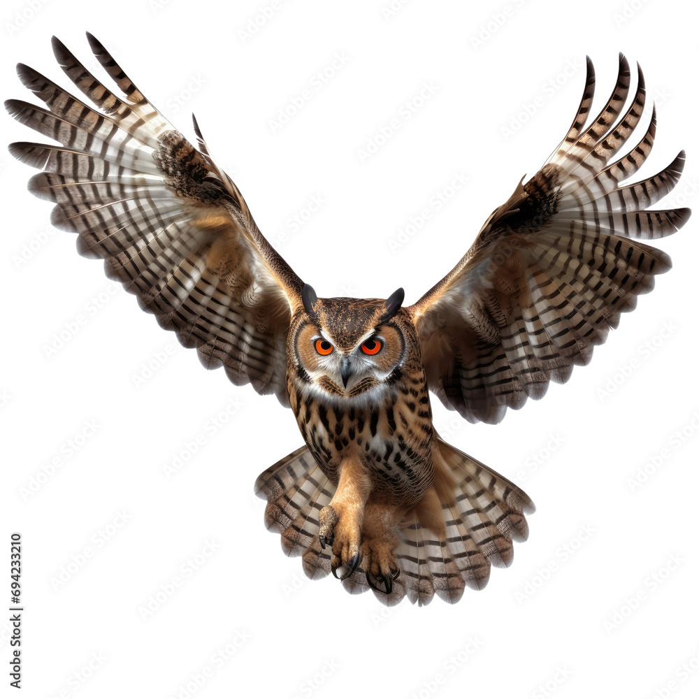 Horned Owl flying on white or transparent background Horned Owl flying on white or transparent background