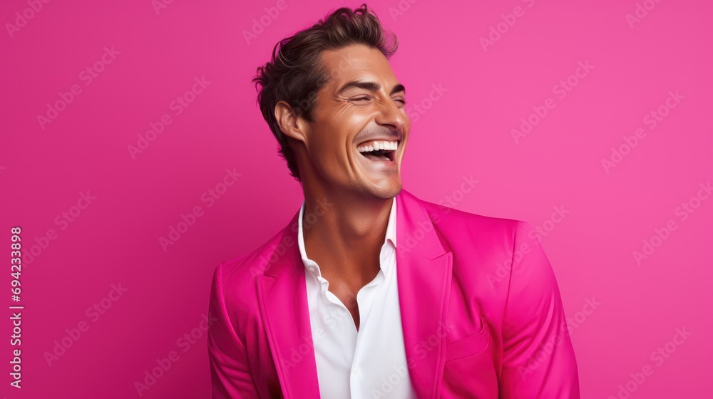 A portrait of a handsome man, smiling and laughing, dressed in a stylish pink suit or trendy formal attire. The background is a solid, bright pink.
