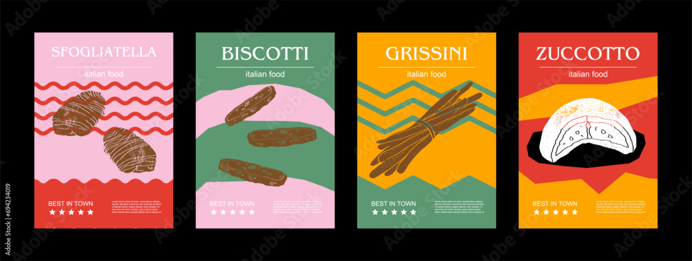 Italian food set vector illustration. Engraved sfogliatella, biscotti, grissini, zuccotto, bundle of traditional dishes, homemade and restaurant dinner dishes and sauces cooking in cuisine of Italy