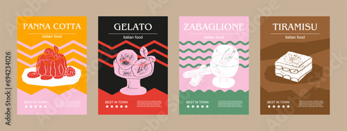 Italian food set vector illustration. Engraved panna cotta, gelato, zabaglione, tiramisu, bundle of traditional dishes, homemade and restaurant dinner dishes and sauces cooking in cuisine of Italy