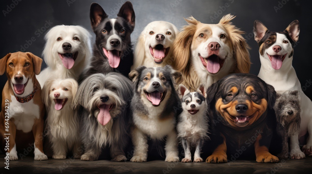 A gathering of dogs showcasing different shapes, sizes, and breeds. Wild pets with expressions of happiness, eagerly waiting for adoption.
 - obrazy, fototapety, plakaty 