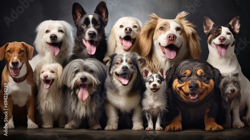 A gathering of dogs showcasing different shapes, sizes, and breeds. Wild pets with expressions of happiness, eagerly waiting for adoption.
 photo