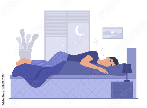 Man Sleeping in Bed at Night and Hugging a Pillow