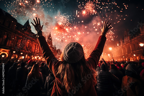 People holding up sparklers with their hands, in the style of detailed crowd scenes, New Year's celebrations.