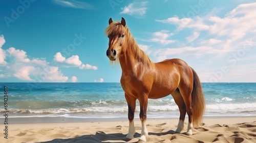 A beautiful horse with a brown coat enjoying the beach and ocean view.

