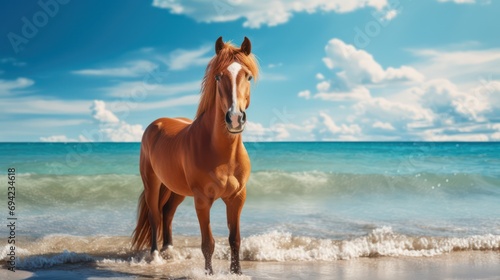 A striking brown horse against the backdrop of the ocean at the beach. 