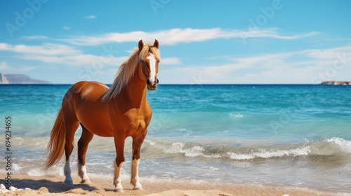A handsome brown horse with an ocean view at the beach. 