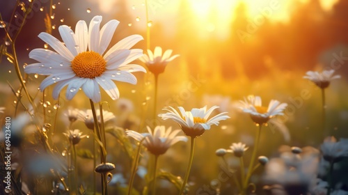 Gorgeous daisies in bloom during spring, summer, and autumn, with the soft glow of yellow sunlight in the evening or morning.  © Matthew