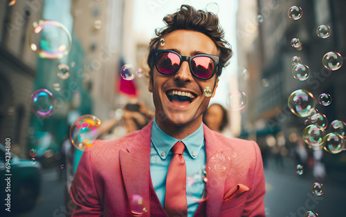 Caucasian young businessman in colorful pink suit and sun glasses is smiling and happy in bubbles on street