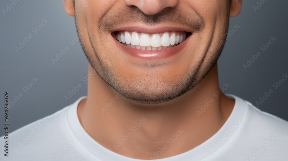Fototapeta premium A close-up photo of a young man with a beautiful smile against a gray background, promoting teeth whitening or dental care products