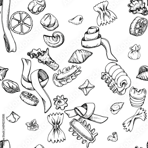 Hand drawn vector ink illustration. Different types of pasta Italian cuisine dish assortment penne ravioli spiral. Seamless pattern isolated on white. Restaurant menu, food shop package, flyer, print.