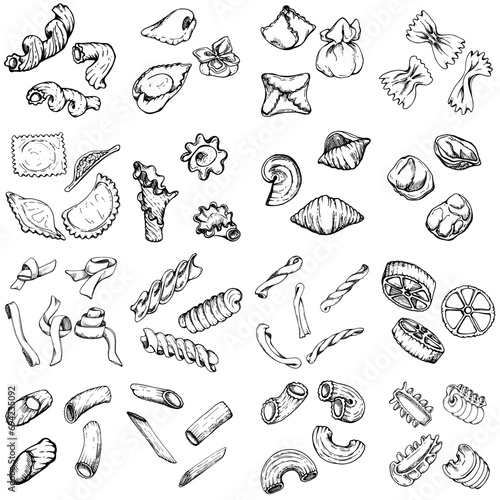 Hand drawn vector ink illustration. Types of pasta assortment Italian cuisine traditional dish. Set of single object elements isolated on white. Restaurant, menu, food shop and package, flyer, print.