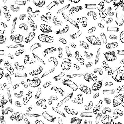 Hand drawn vector ink illustration. Pasta Italian elbows gobetti cavatappi conchiglie orecchiette penne rigatoni. Seamless pattern isolated on white. Restaurant, menu, food shop package, flyer, print.