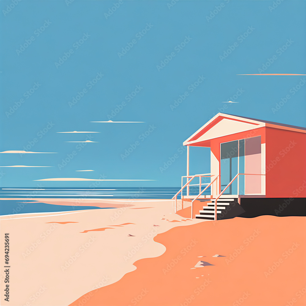 Obraz premium Minimalist Beachfront Scene: Vibrant and Bold Vector Illustration