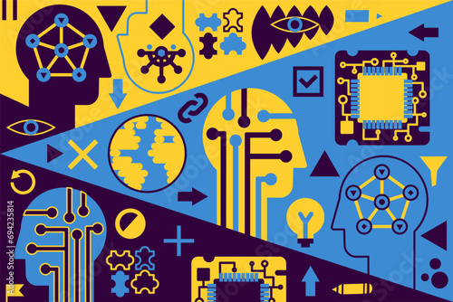 Artificial Intelligence Pop Art poster in gold blue colors with abstract image of robot head with microcircuits and interaction interface. Template for printing, announcement, guests inviting . Vector