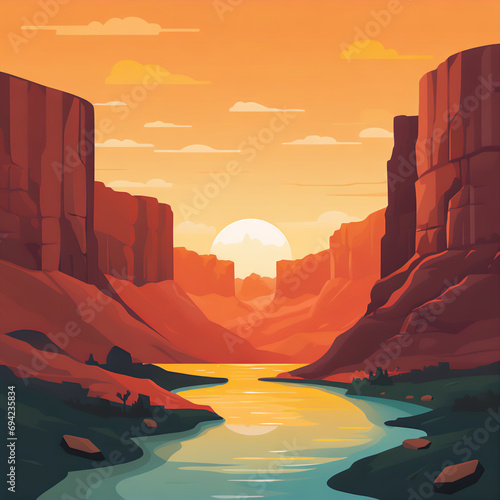 Minimalist Canyon Illustration with Vibrant Background