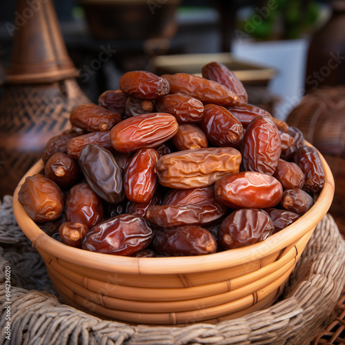 Dried fruits of date palm in a wooden bowl.