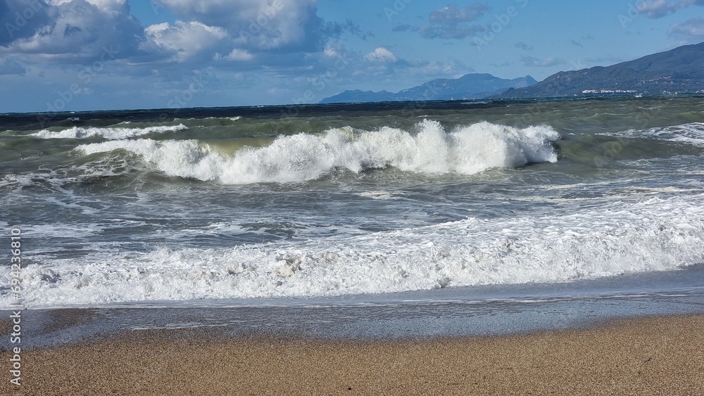 preveza mytikas huge waves on the beach in winter season greece