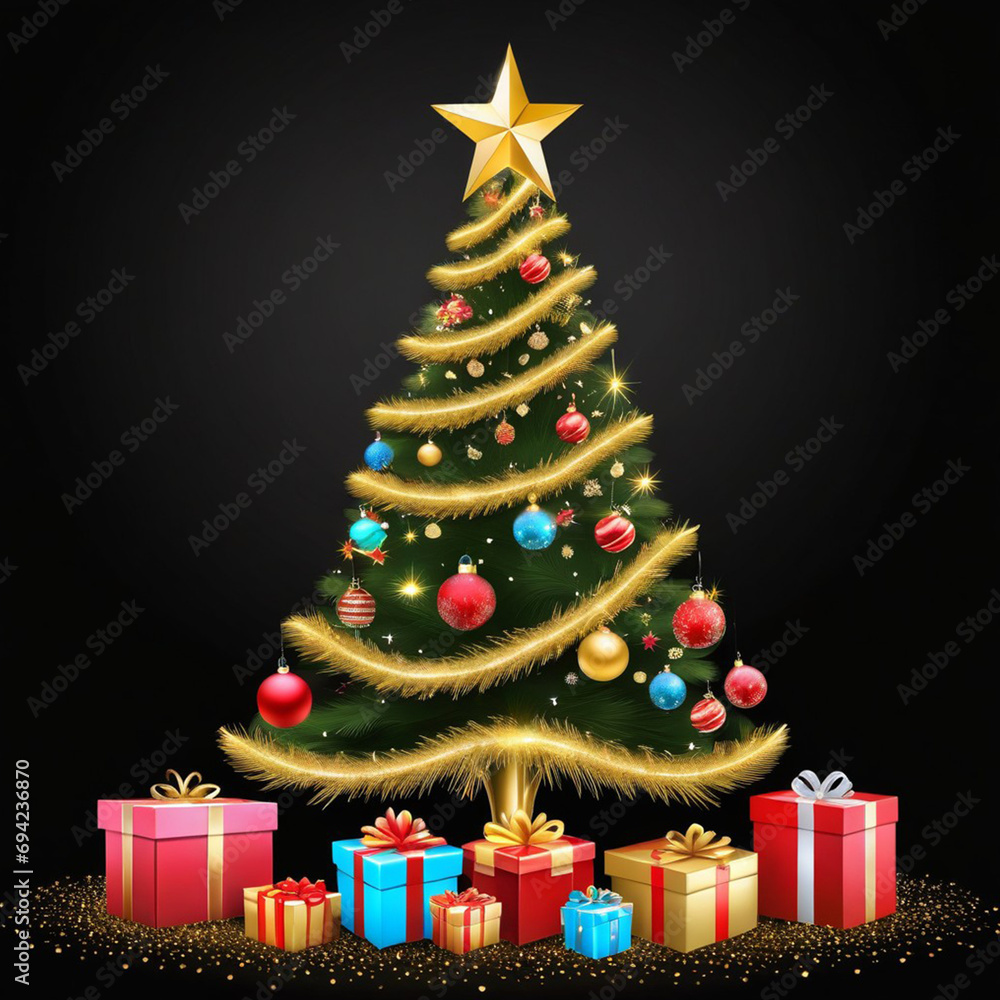 Christmas background with cylindrical podium for promotions. Round stage for presentation sale product. Stage pedestal or platform in snow between Xmas trees, glass balls hanging. 