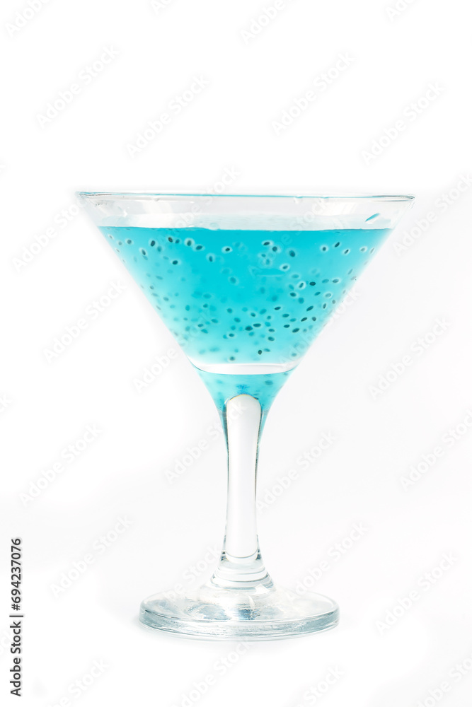 Turquoise cocktail on a white background, bartender cocktail, alcoholic cocktail