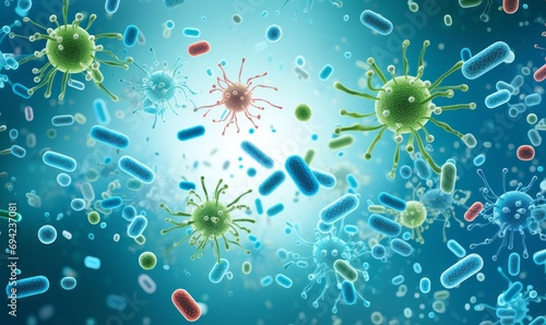 vibrant digital illustration of various microscopic organisms, likely representing bacteria and viruses. The scene is filled with rod-shaped, spherical, and spiked entities,  photo