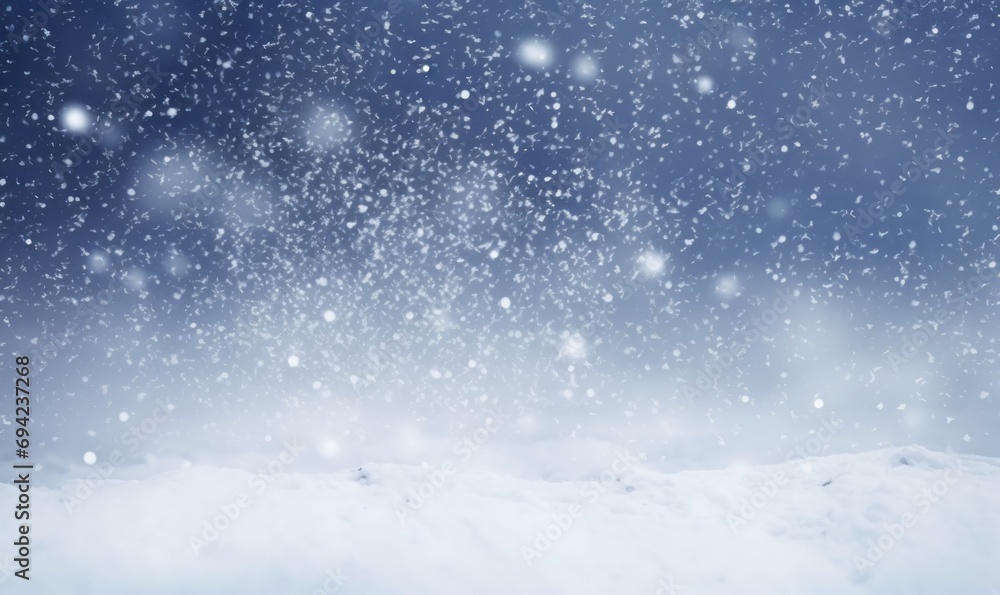 close-up of a gentle snowfall with numerous snowflakes scattered across a soft blue background, giving a sense of a peaceful winter atmosphere.