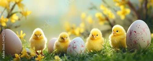 A festive Easter background adorned with colorful Easter eggs and cute yellow chicks on lush green grass, creating a cheerful and vibrant scene.