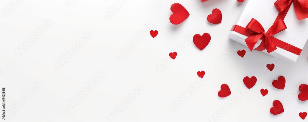 White Gift box and festive red hearts on white background. Gift concept for holiday