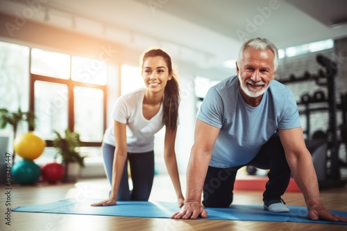 Young female professional physiotherapist working with a senior man to help him rehabilitate