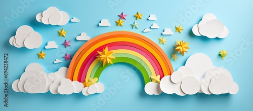 Creating a paper rainbow with clouds and sun using step-by-step instructions for kids. photo
